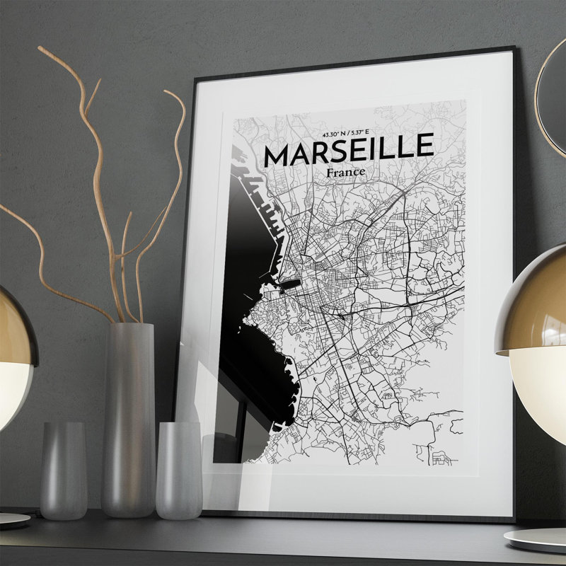 Marseille City Map in Ink 1 Piece Wall Art, 36cm H x 24cm W x 0.05cm D
