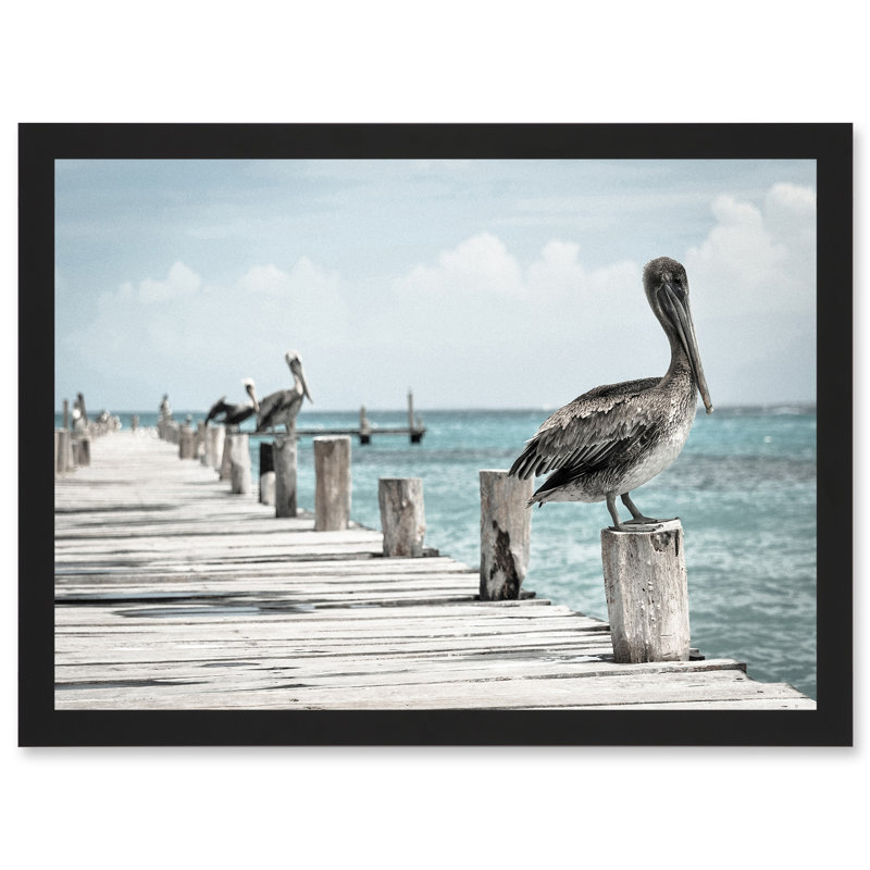 Bird Pelicans Ocean Pier - Single Picture Frame Print, 23.4cm H x 32.3cm W x 1.5cm D