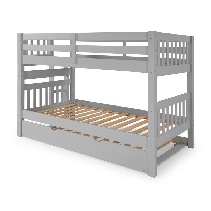 Treva Solid Wood Standard Twin over Twin Bunk Beds, 4 Step Ladder, Twin Trundle, Gray, Gray