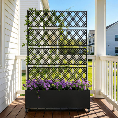 Metal Planter Box with Trellis and Wheels, Outdoor Raised Garden Bed with Privacy Screen for Climbing Plants