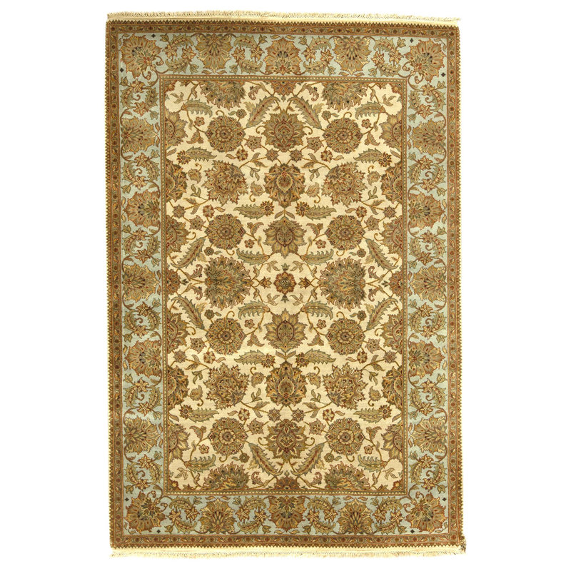 Hand Knotted Wool Oriental Area Rug in Ivory And Light Blue