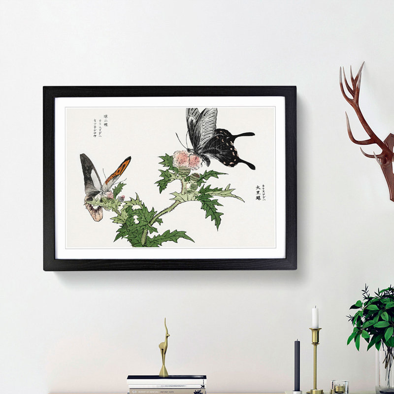 Butterflies on Pink Thistles by Morimoto Toko - Picture Frame Art Print, 48cm H x 65cm W x 2cm D, Black Framed
