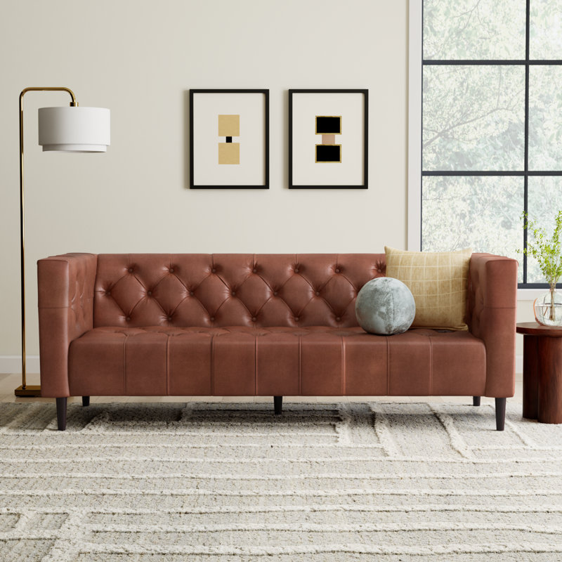 Cornelia 84'' Genuine Leather Chesterfield Sofa, Vintage Brown Top Grain Genuine Leather