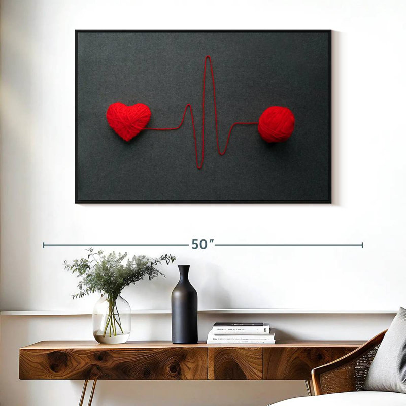Ligne de cœur rouge en laine, Cadre flottant noir, 40 po x 27 po