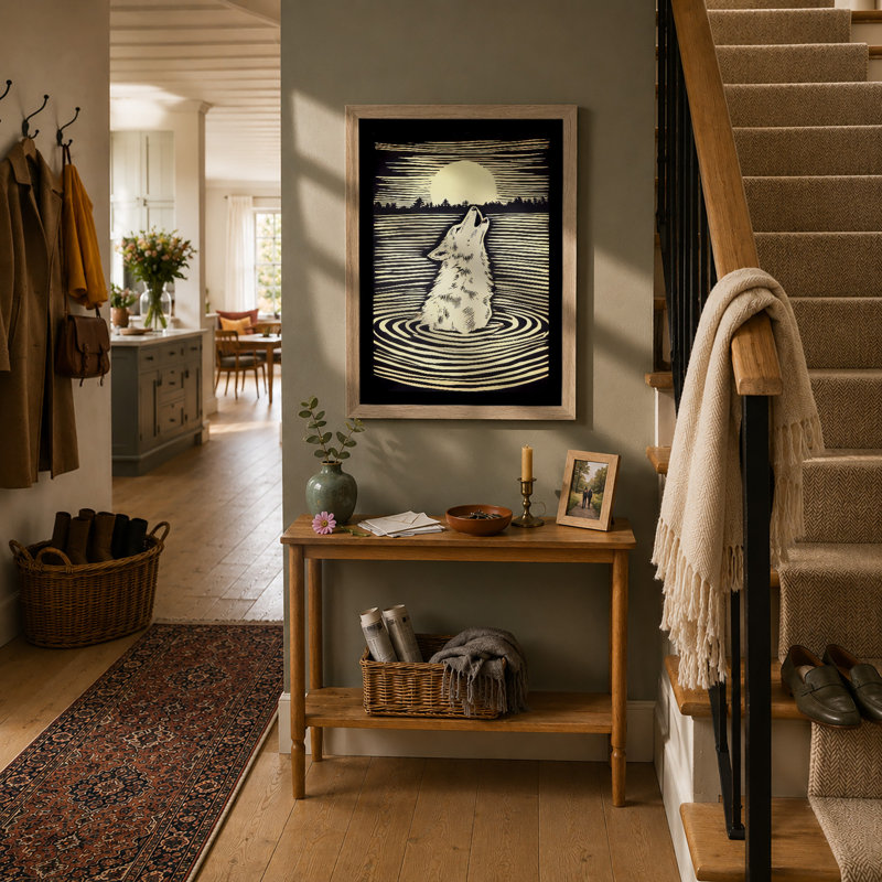 Howling Wolf In Moonlight Japandi - Print, A3 - 42.0 x 29.7 cm, Oak