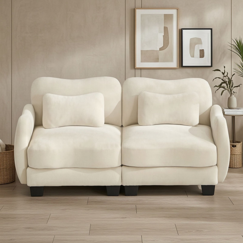 Canapé deux places incurvé en chenille avec coussins lombaires et design ergonomique épuré, Beige