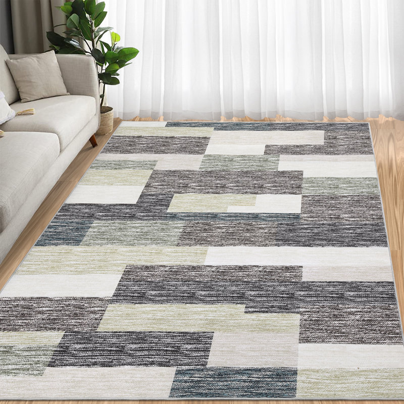 Tapis lavable à motif géométrique moderne avec envers antidérapant, Gray Green, 5*7ft
