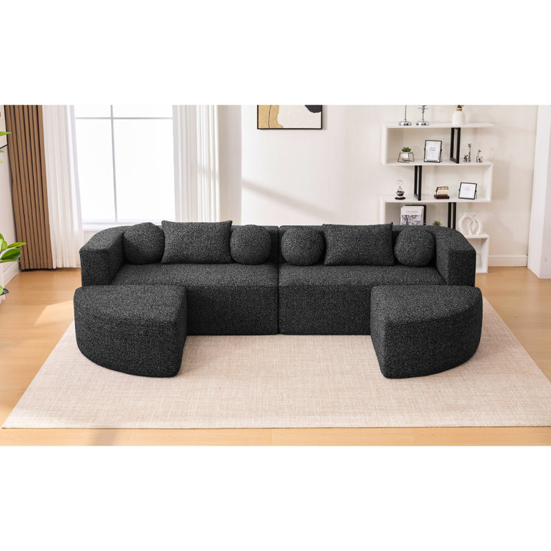 Canapé modulaire Boneless de 114,9 po avec des extrémités arrondies, un siège confortable de 24,4 po et un revêtement respirant Boucle pour le salon, 6 sièges, motif noir, profondeur d'assise, tissu doux