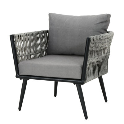 Fauteuil d'extérieur au look classique, structure en aluminium sur pieds évasés, coussins gris foncé à l'eau, accoudoirs évasés, lavable à la machine, siège large, chaise de patio confortable et amovible