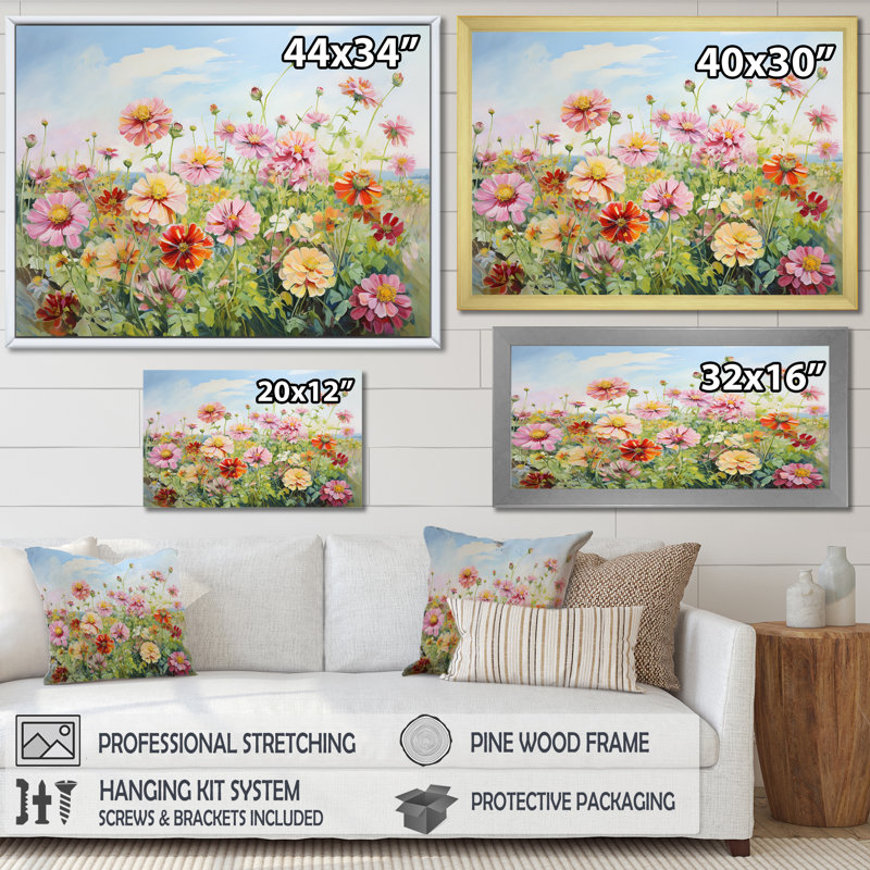 Zinnias Country Charm sur toile, Cadre doré simple, H 30 po x l 40 po x P 1,5 po