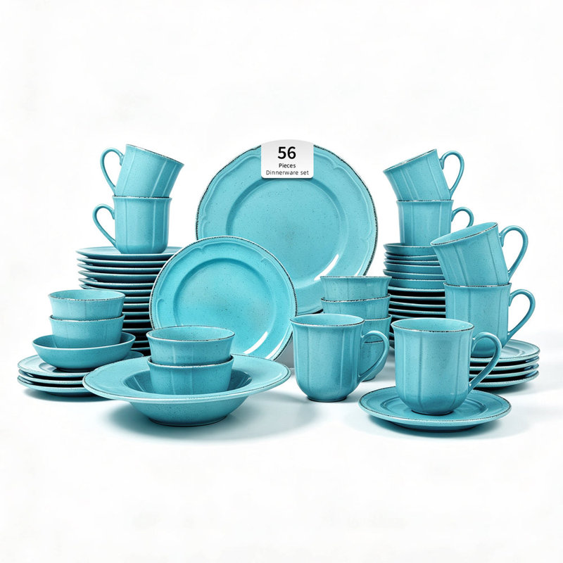 Service de table en grès émaillé antique HomeVSS French 56 pièces, service pour 8, Tiffany Blue