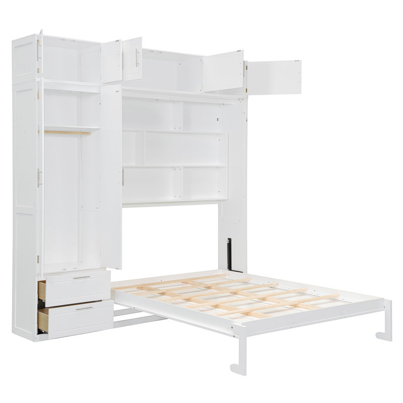 Queen Size Wall Murphy Bed With Top Cabinet,Shelves  And  Wardrobe, Space Saving Foldable Bed,White