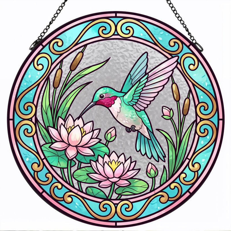 Panneau de vitrail Hummingbird Lotus, H 12 po