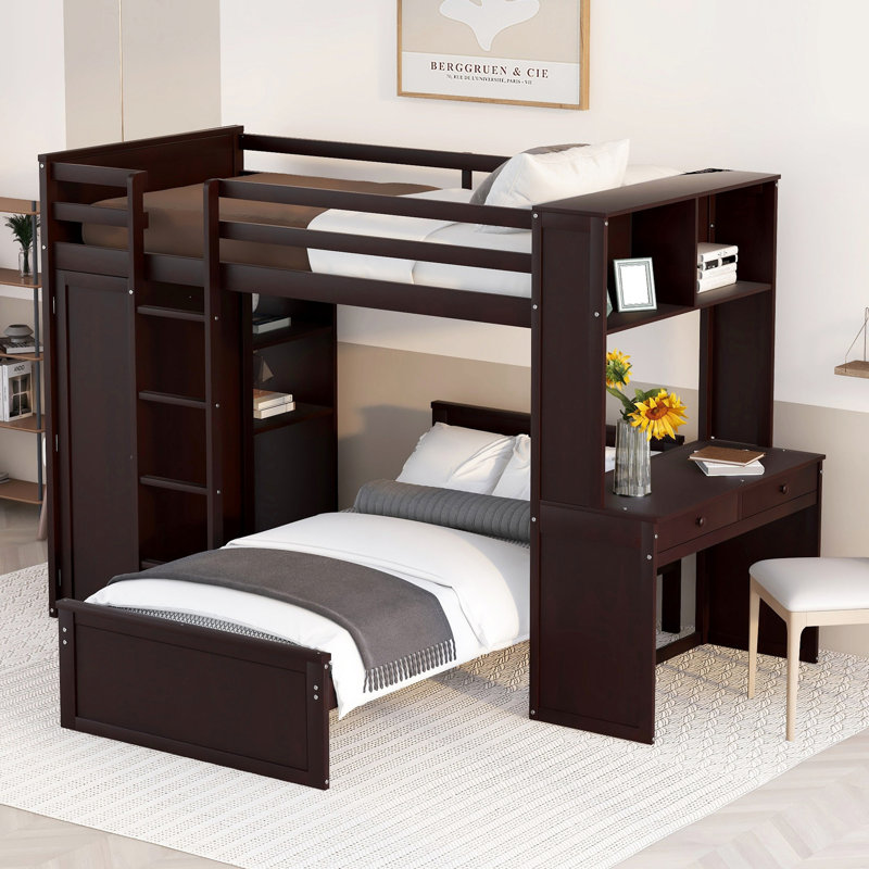 Loft Bed with a Stand-alone bed, Shelves,Desk,and Wardrobe, Twin, Espresso