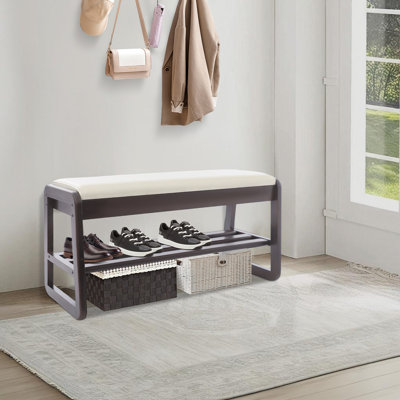 Rubber Wood Shoe Rack Bench with Oil Wax Leather Cushion 2 Tier Ventilated Grid Shoe Organizer Bench with Hidden Under-Seat Storage, Freestanding Shoe Rack Bench for Entryway Hallway Bedroom(Walnut Color+ Beige)