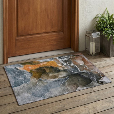 2' X 3' Orange Abstract Washable Non Skid Indoor Outdoor Area Rug