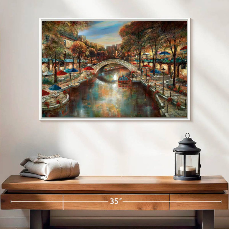 Soirée sur le canal, 25 po x 17 po, Cadre flottant blanc