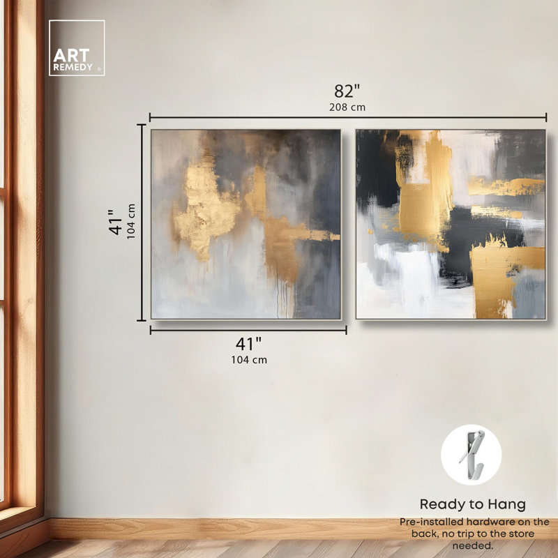 «Gilded Tranquil Abstract Art», ensemble de 2 panneaux sur toile par , H 41 po x l 41 po, Argent argent