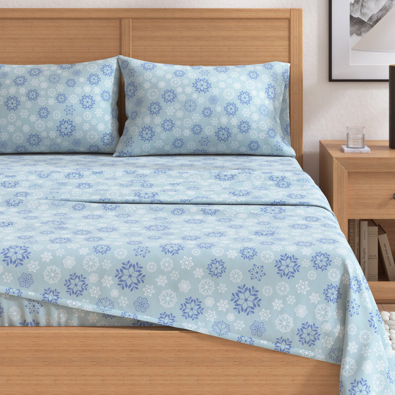 Ensemble de draps de Noël 100% flanelle de coton turc, Flocon de neige bleu, Double avec 2 taies d'oreiller