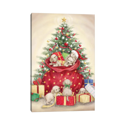 Christmas Puppies 1 Piece Wrapped Canvas Painting