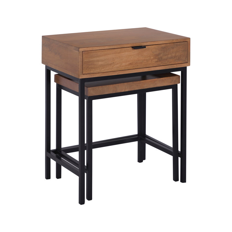 Ensemble de 2 tables gigognes Atelier industriel en bois massif, avec tiroir et plateau., Brun miel