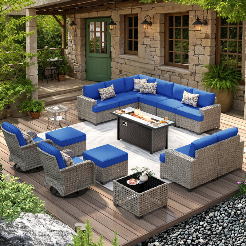 12 - Person Patio Furniture Set with Swivel Rockers, Outdoor Wicker Rattan Sectional Seating Group with Cushions, All Weather Sofa Conversation Set with Fire Pit Table for Garden Backyard