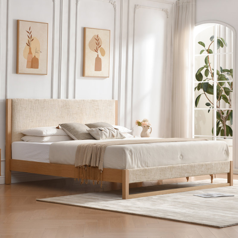 Structure de lit en bois massif avec tête et pied de lit rembourrés en mélange de lin, King, Beige