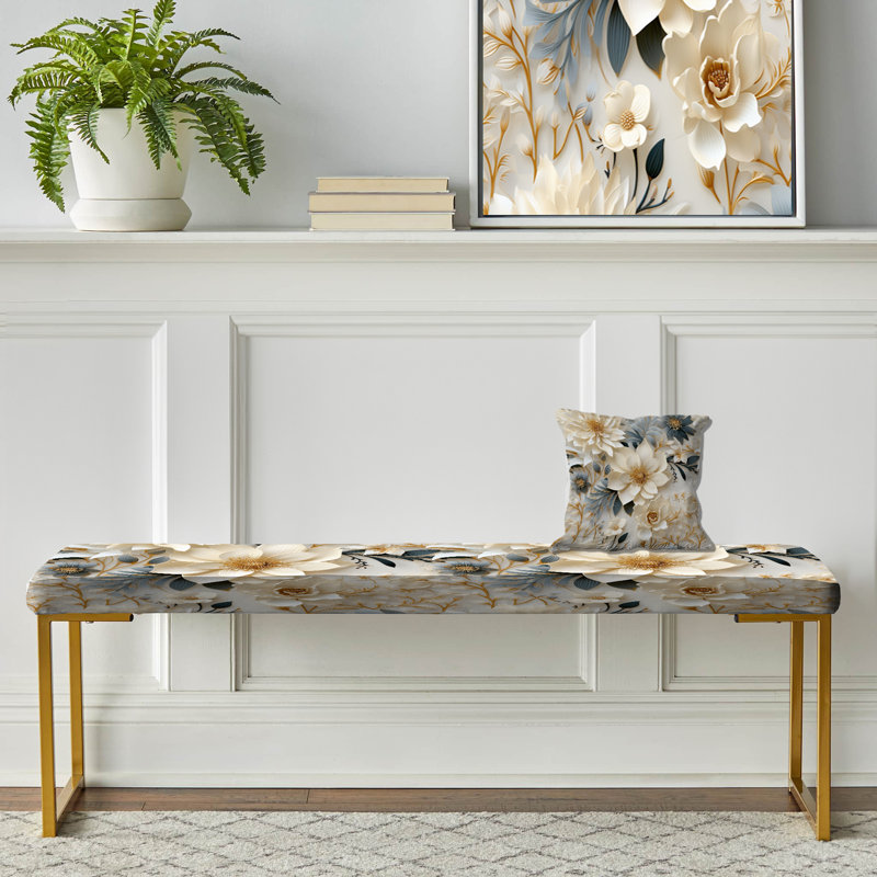 Banc rembourré or, Ethereal White Chrysanthemum Boho Pattern