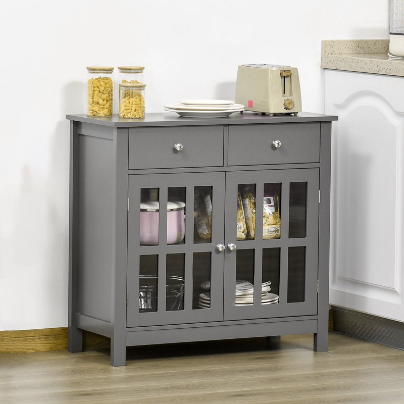 Audel Kitchen Cabinet with 2 Drawers and Glass Doors,Dining cabinet,Office credenza , Gray