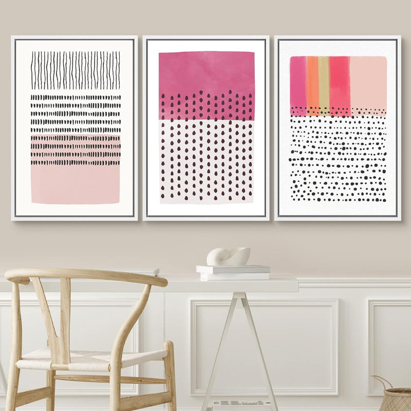 Abstrait blocs de couleurs vibrantes, collage de blocs de couleurs géométriques roses, impression sur toile, 3 pièces, White