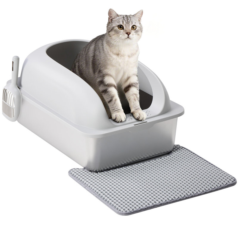 Litière pour chat en acier inoxydable avec couvercle, pelle et tapis, L 24 po x l 15,8 po x H 11,8 po, Gris clair