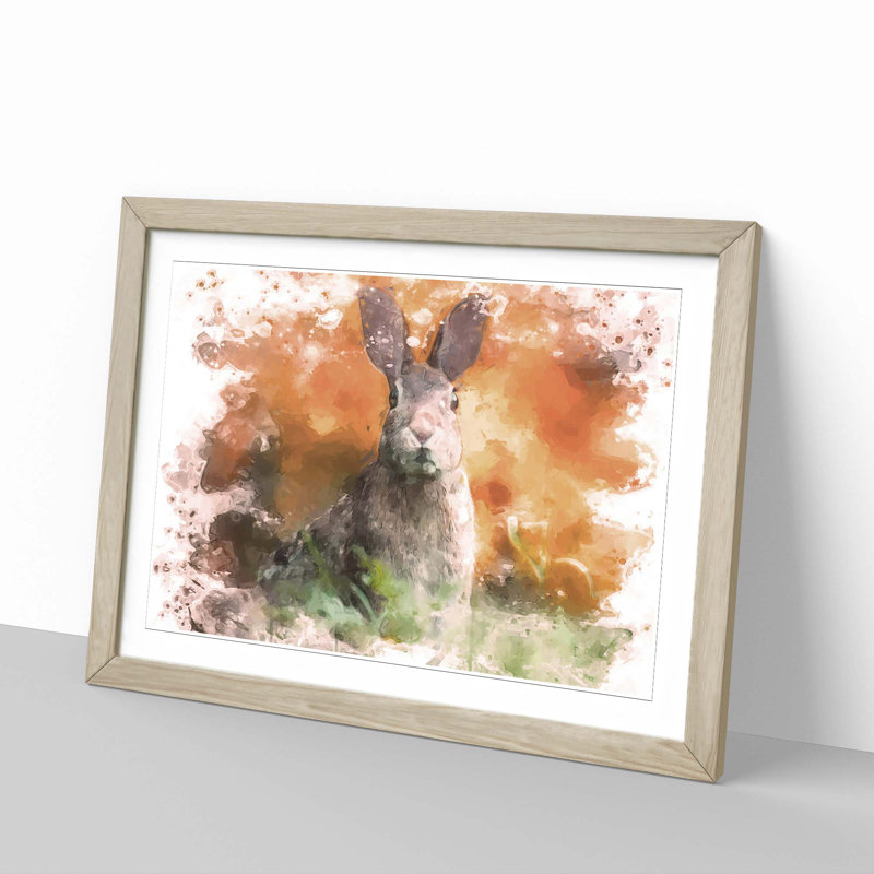 Hare in a Meadow in Abstract - Picture Frame Painting Print, 62cm H x 87cm W x 2cm D, Oak Framed