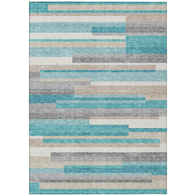 Tapis extérieur lavable rayé bleu sarcelle 3 pi x 5 pi bleu sarcelle et beige