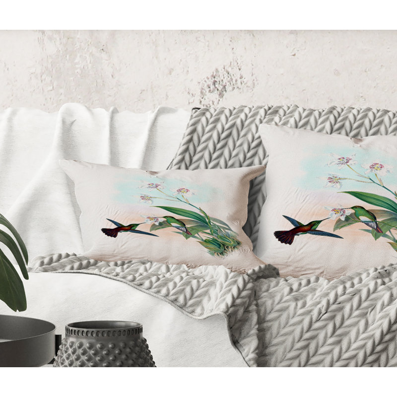 Rectangle, colibri rétro volant à une fleur - coussin décoratif traditionnel