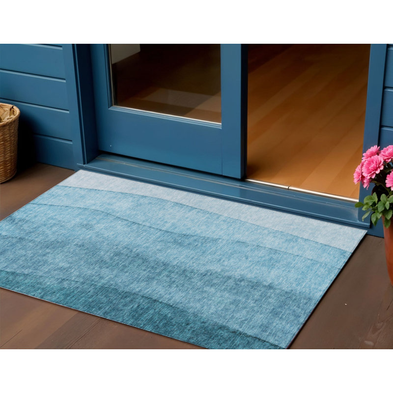 HomeRoots 3' X 5' Teal Blue Aqua And Blue Ombre Washable Indoor Outdoor Area Rug