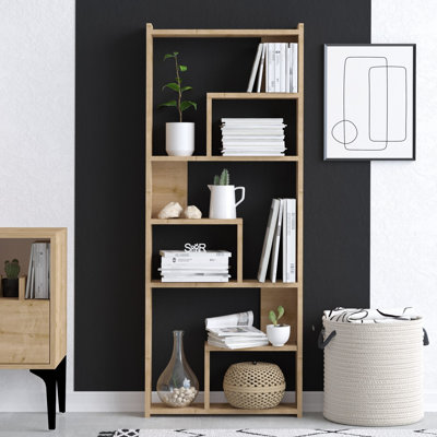 Modern Oak Bookshelf, 60 x 59.1 x 5.9 inches | 100% Melamine Coated Particle Board, Thickness: 0.7 inches | Numerous Shelves for Maximum Storage | Elegant Solid Colour Design for Home or Office