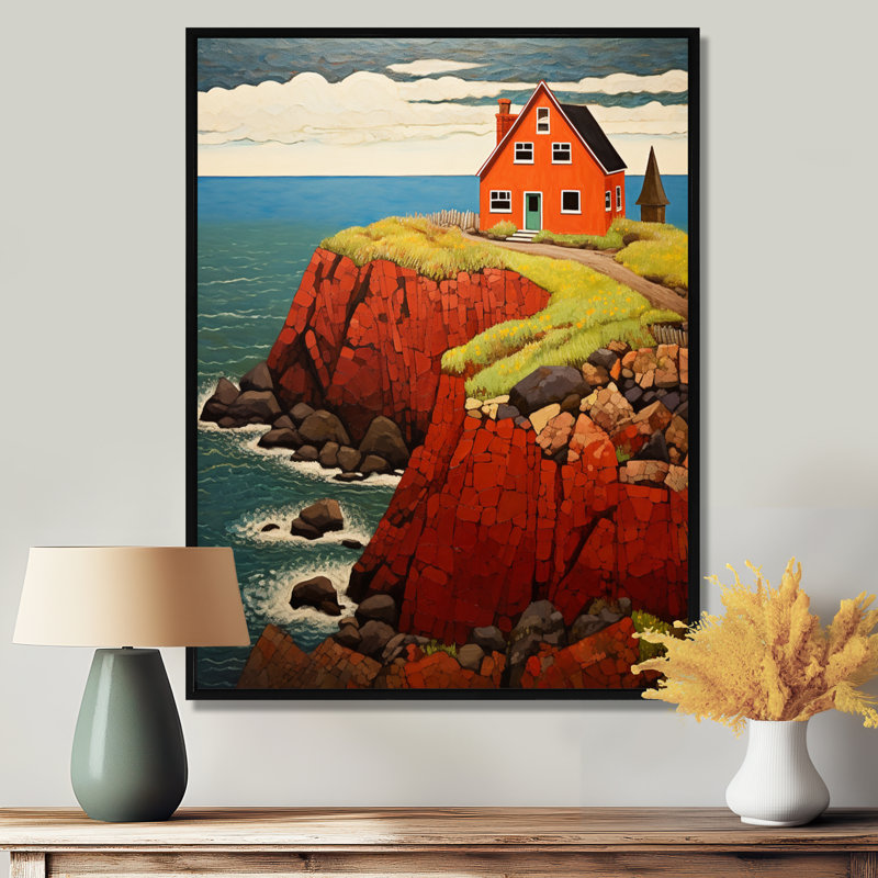 Décoration murale orange «Orange House On The Shore By The Ocean», Cadre flottant noir, bois massif, H 20 po x l 12 po