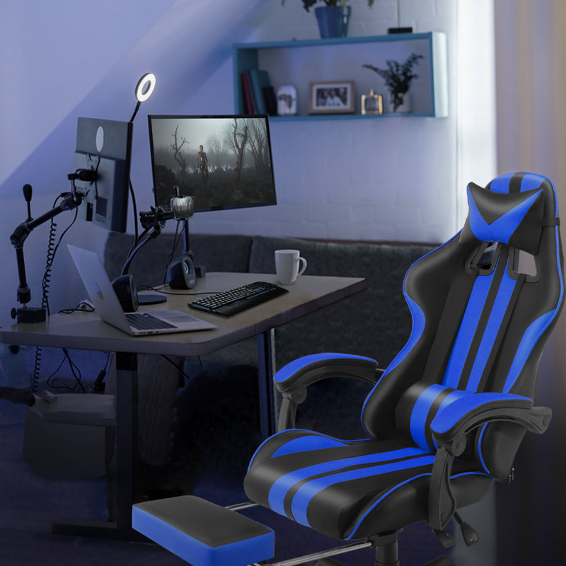 Fauteuil de jeu ergonomique pour adultes avec siège à haut dossier avec massage et appui-tête Soontrans, Bleu