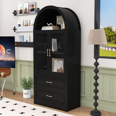 Arched Storage Cabinet with Tempered Glass Doors, Open Display Niche, Fixed Shelves and 2 Large Drawers