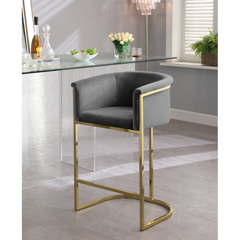 Hani Upholstered Counter Stool with Metal Frame, Grey Velvet