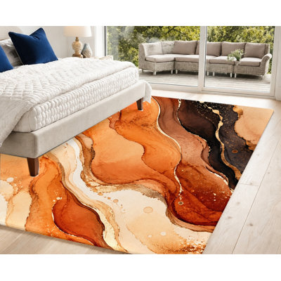Tapis en velours orange antidérapant à motif de marbre abstrait blanc orange, tapis décoratif, décoration intérieure élégante pour le salon, la chambre à coucher, le vestibule, la cuisine, le balcon
