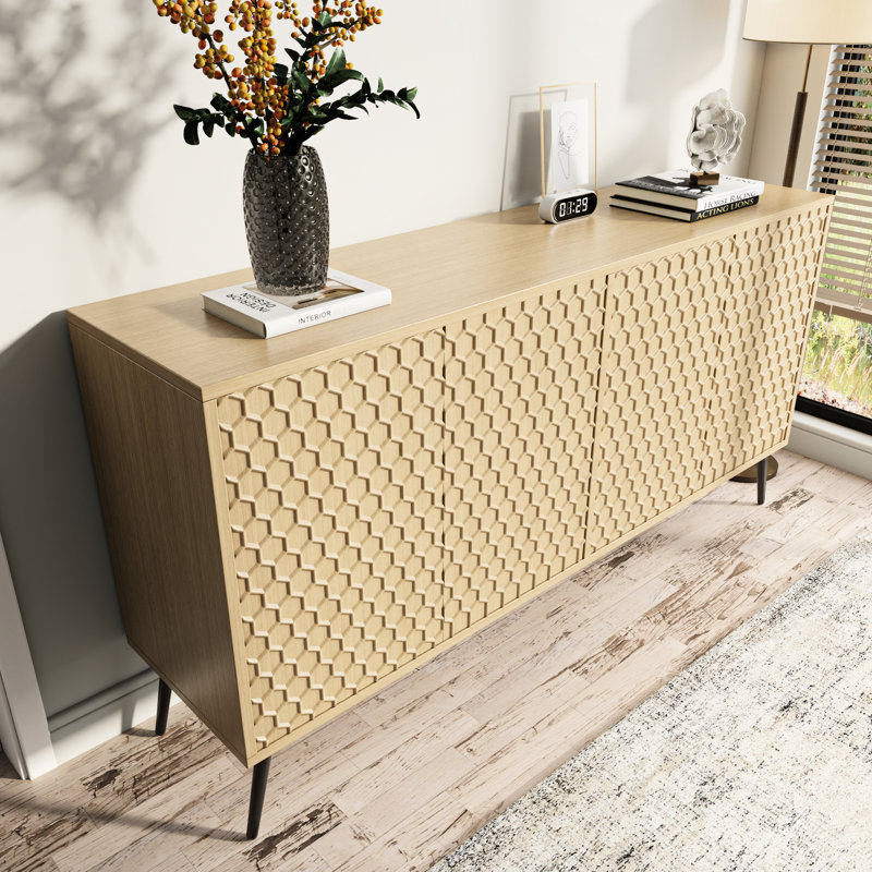 Buffet 63 "Mid-Century moderne en chêne 63" avec 5 pieds, 4 tablettes, design contemporain en nid d'abeille et bois manufacturé pour salle à manger en chêne