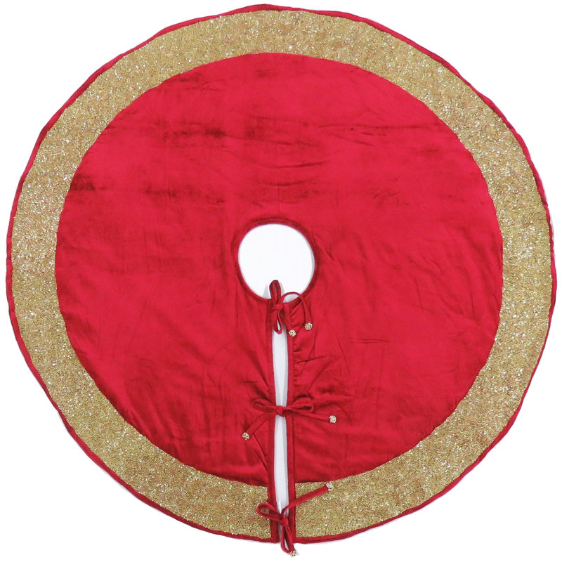 Luxurious Red Velvet Christmas Tree Skirt with Gold Beaded Border