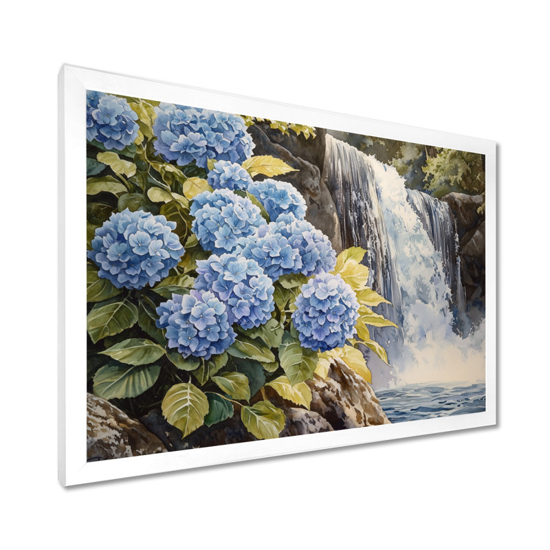 Jaber Hydrangeas By The Waterfall I - Hydrangea Wall Art, Reproduction encadrée d'une seule photo, H 30 po x l 40 po, Blanc