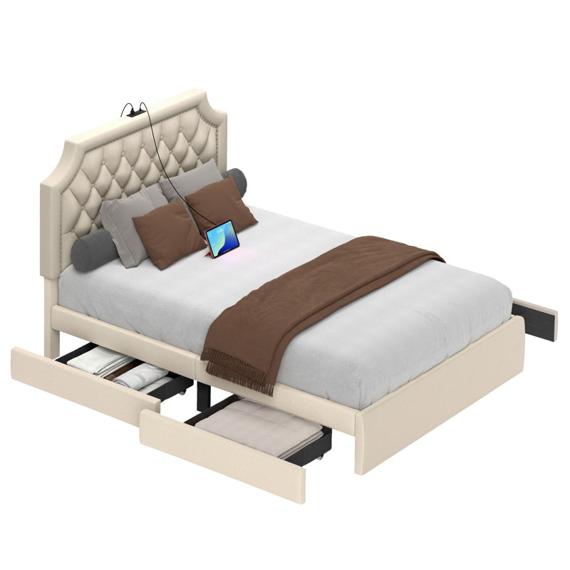 Velvet Upholstered Bed With 4 Storage Drawer,Bed Frame With Adjustable Headborad & Charging Station, Full / Double, Beige