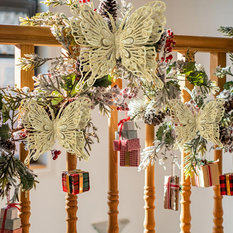 Décorations de Noël, décorations de Noël, décorations de mariage, papillons en poudre dorée, ensemble de 9 papillons en poudre dorée, accessoires de photographie