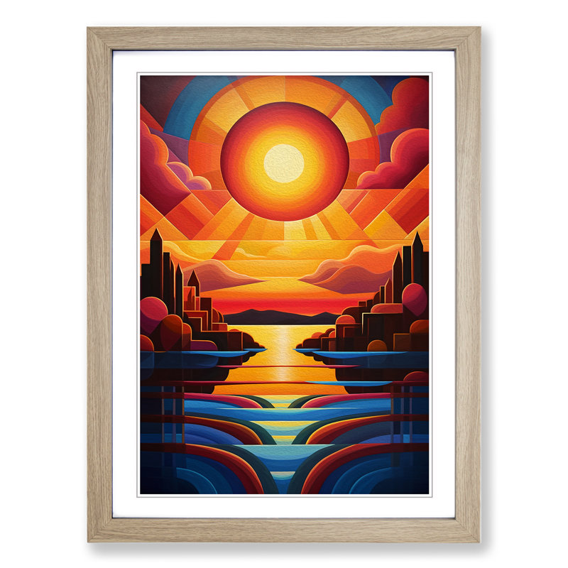 Art Deco Sunset Hard Edge Painting No.3 - Framed Print, Oak Framed, 34cm H x 25cm W
