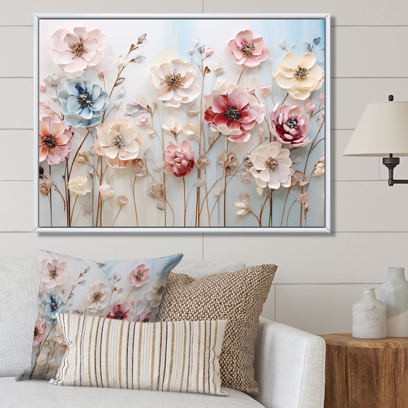Art floral mural blanc et rose pour salon, H 30 po x l 40 po x P 1,5 po, Cadre flottant brun