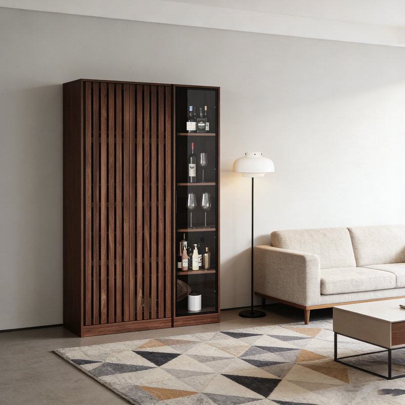 Armoire à vin 55,12 po de couleur noyer rétro luxueux avec porte en verre trempé