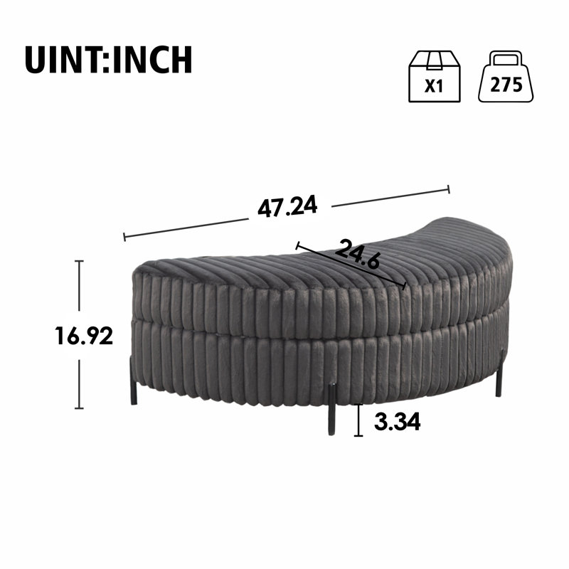 Crescent-shaped Faux Fur Storage Ottoman, Charcoal